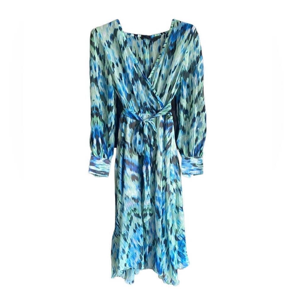 NWT Spy Zone Exchange Blue/Green Print Long Sleeve Maxi Dress With Sash. Small
